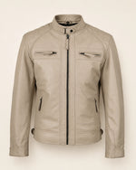Luxury Men's Beige Biker Leather Jacket with Quilted Shoulders