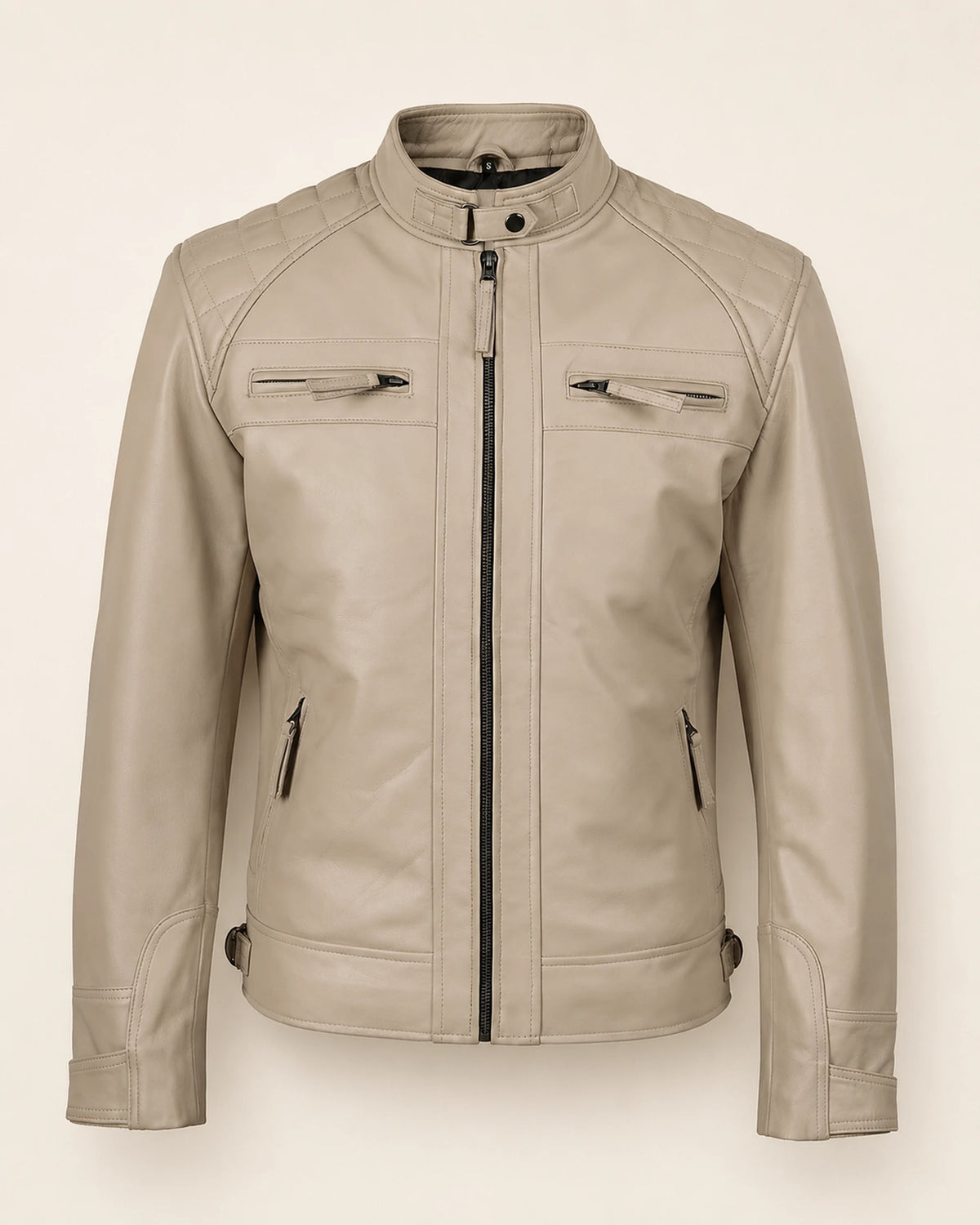 Luxury Men's Beige Biker Leather Jacket with Quilted Shoulders