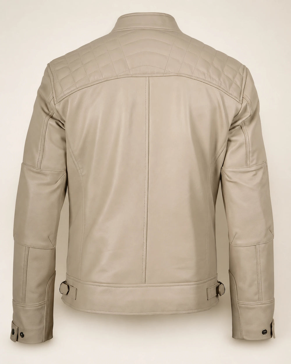 Luxury Men's Beige Biker Leather Jacket with Quilted Shoulders