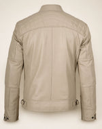 Luxury Men's Beige Biker Leather Jacket with Quilted Shoulders