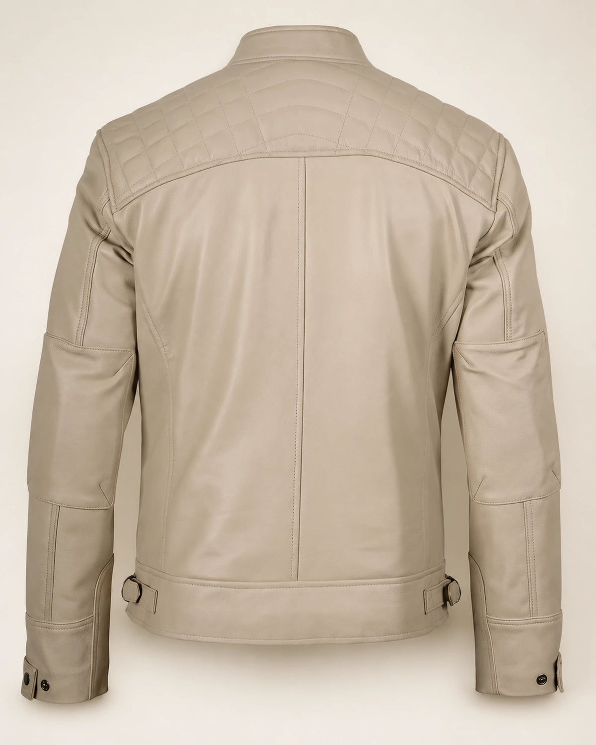 Luxury Men's Beige Biker Leather Jacket with Quilted Shoulders