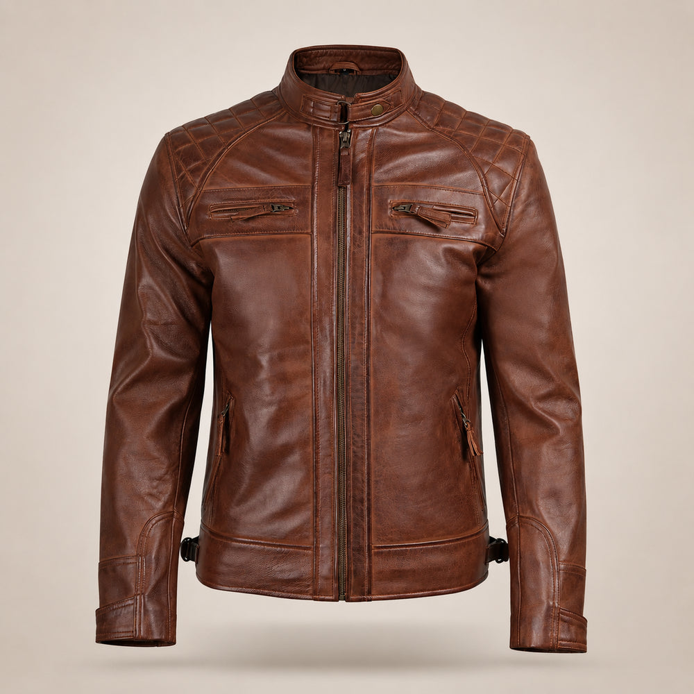 Classic Men's Cognac Café Racer Leather Jacket with Quilted Shoulders