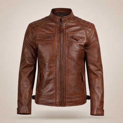 Classic Men's Cognac Café Racer Leather Jacket with Quilted Shoulders