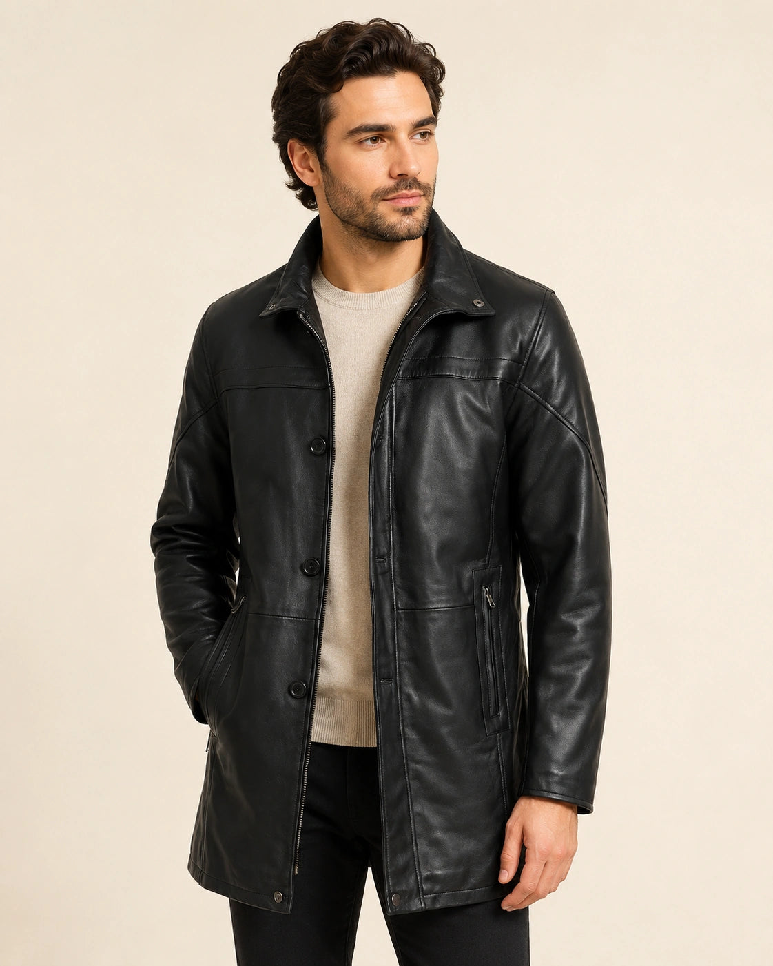 The Royal Bristol Mens Real Leather Black Car Coat