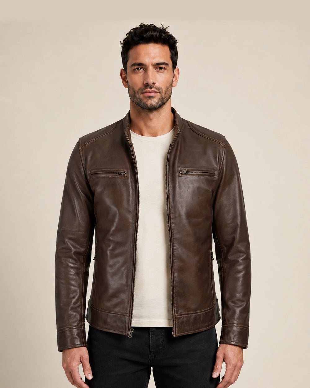 Premium Men's Waxed Chocolate Brown Biker Leather Jacket