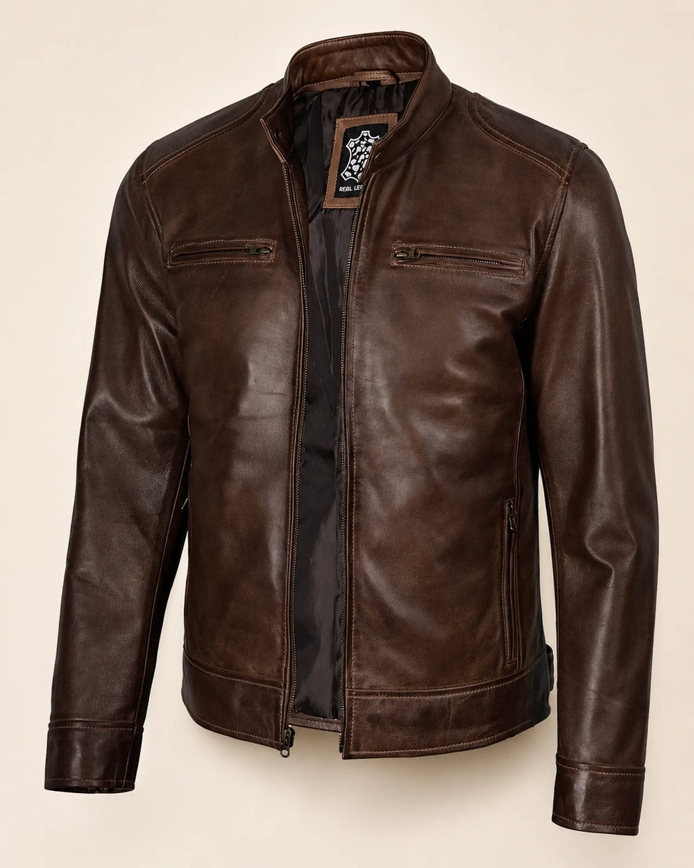 Premium Men's Waxed Chocolate Brown Biker Leather Jacket