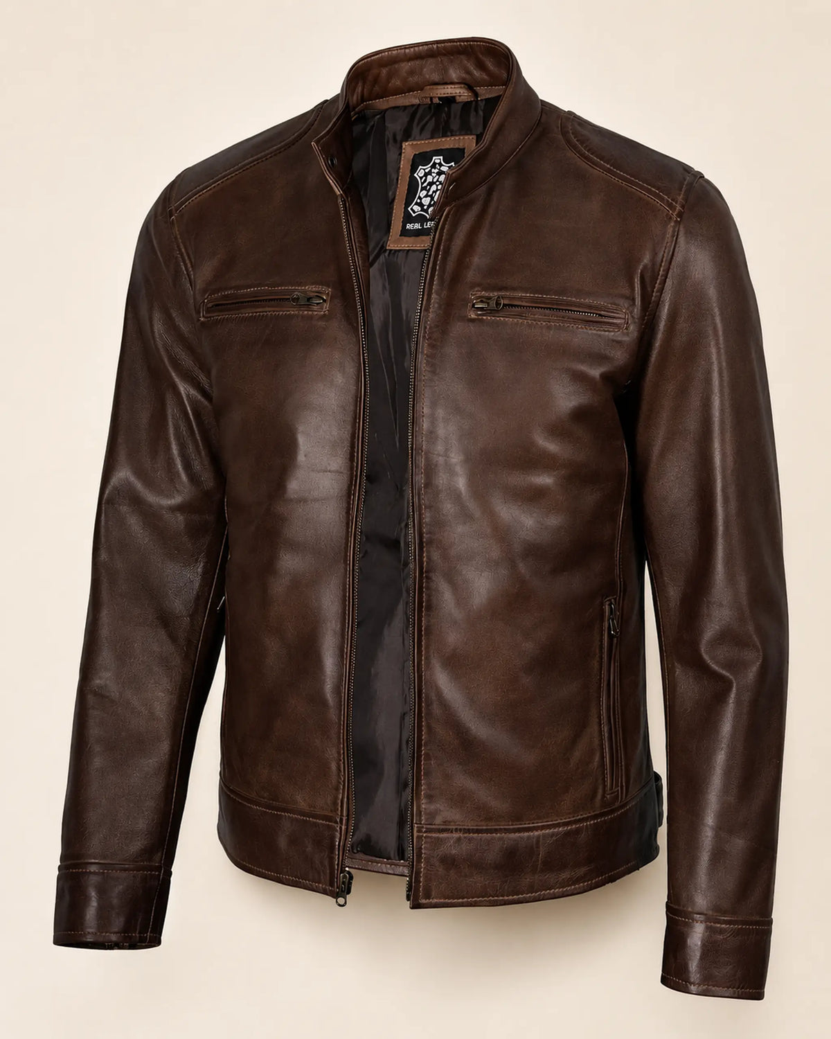 Premium Men's Waxed Chocolate Brown Biker Leather Jacket