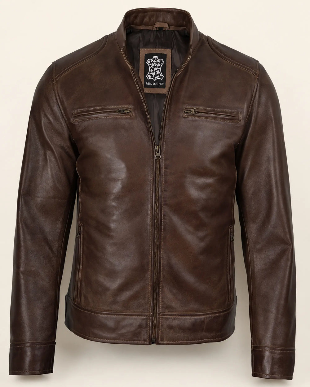 Premium Men's Waxed Chocolate Brown Biker Leather Jacket