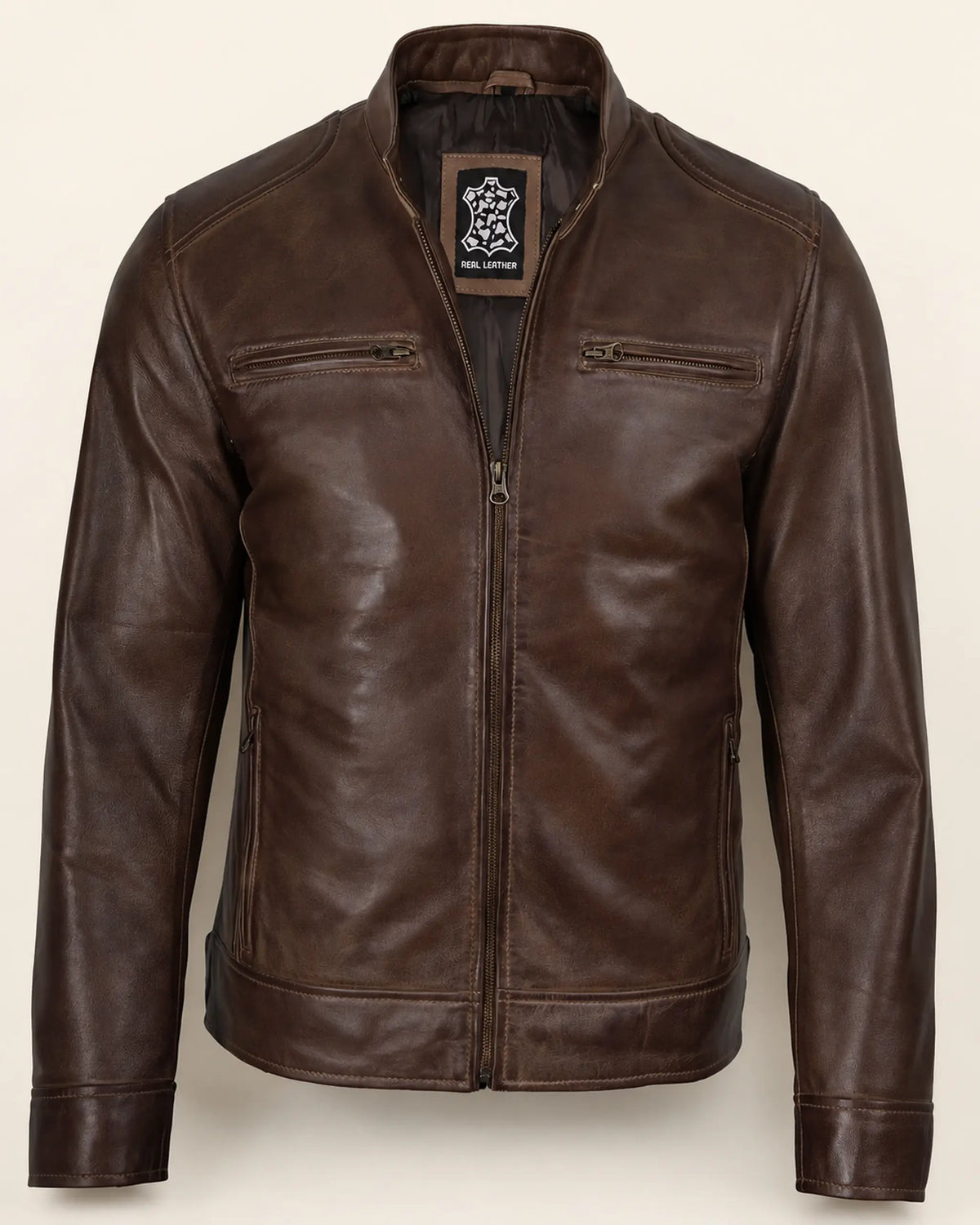 Premium Men's Waxed Chocolate Brown Biker Leather Jacket