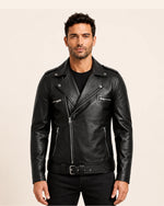 Premium Men's Black Belted Biker Leather Jacket