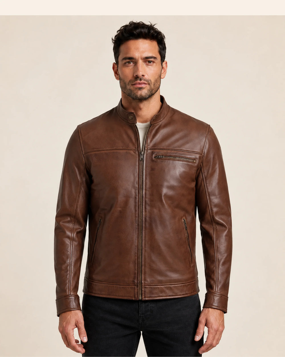 Classic Men's Cognac Real Leather Biker Jacket with Snap-Tab Collar
