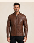 Classic Men's Cognac Real Leather Biker Jacket with Snap-Tab Collar