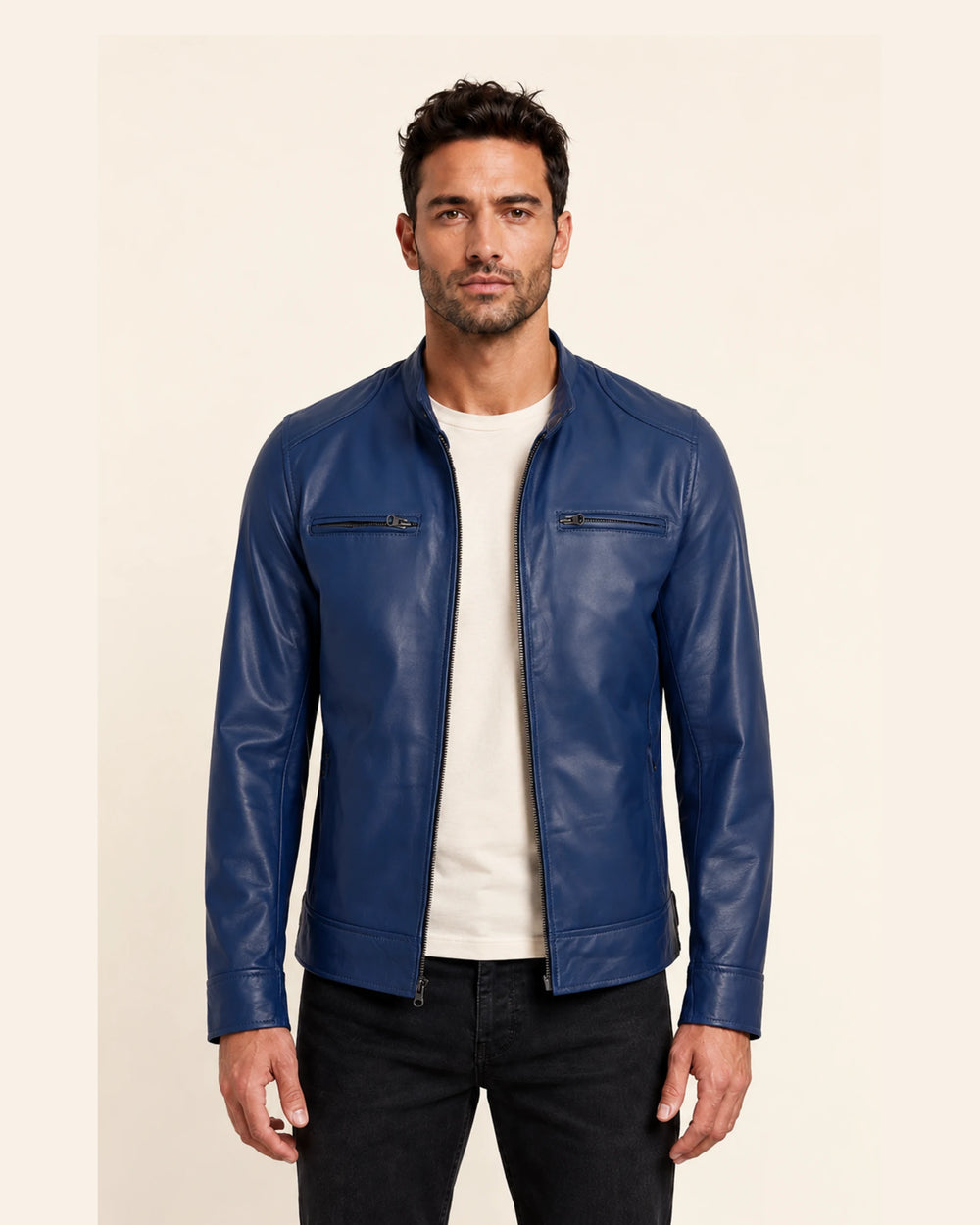 Heritage Men’s Blue Biker Style Leather Jacket with Padded Shoulders