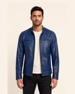 Heritage Men’s Blue Biker Style Leather Jacket with Padded Shoulders