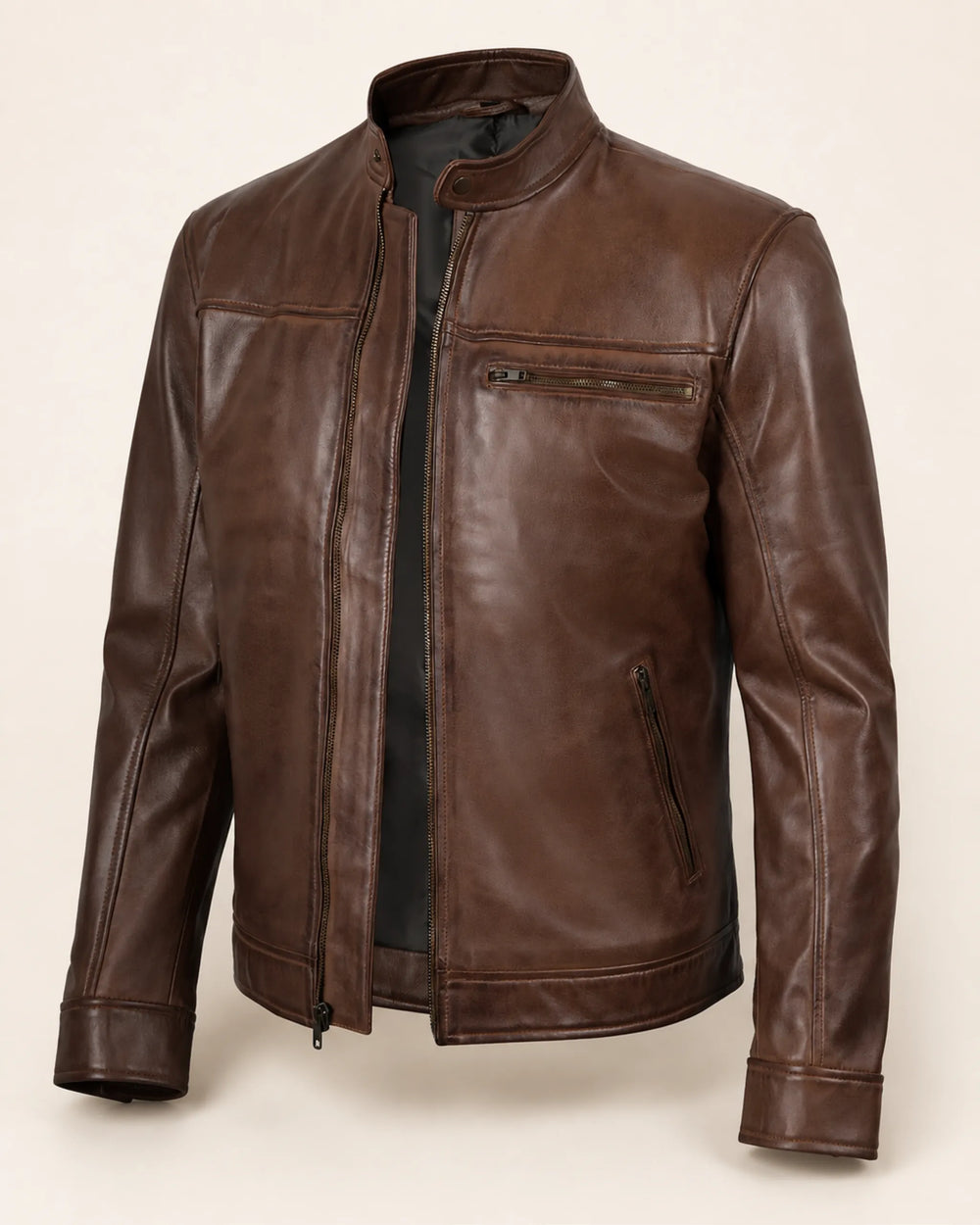 Classic Men's Cognac Real Leather Biker Jacket with Snap-Tab Collar