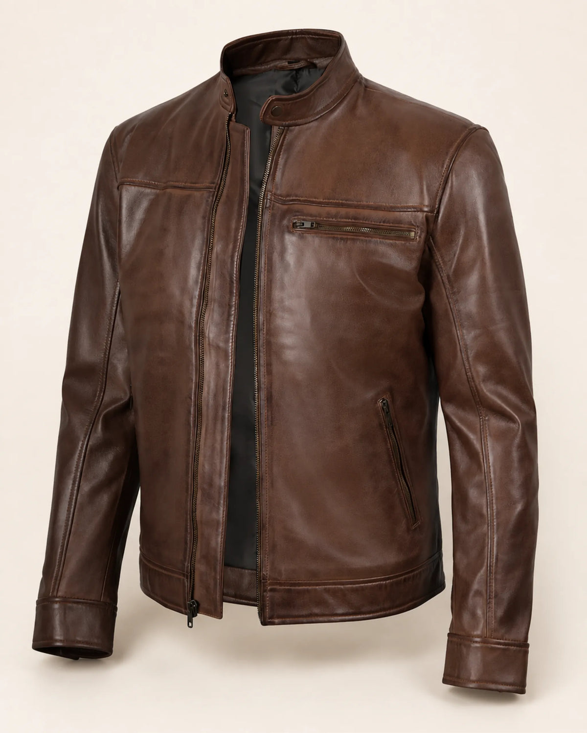 Classic Men's Cognac Real Leather Biker Jacket with Snap-Tab Collar