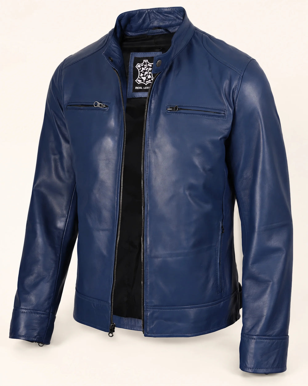 Heritage Men’s Blue Biker Style Leather Jacket with Padded Shoulders