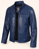 Heritage Men’s Blue Biker Style Leather Jacket with Padded Shoulders