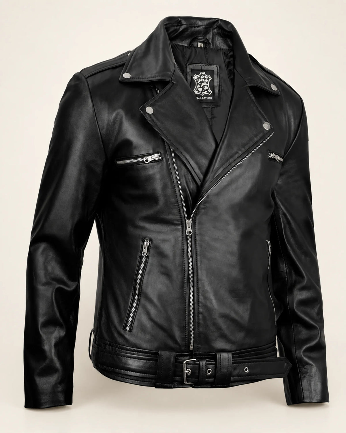Premium Men's Black Belted Biker Leather Jacket