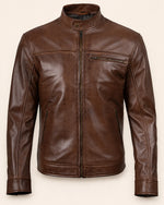 Classic Men's Cognac Real Leather Biker Jacket with Snap-Tab Collar