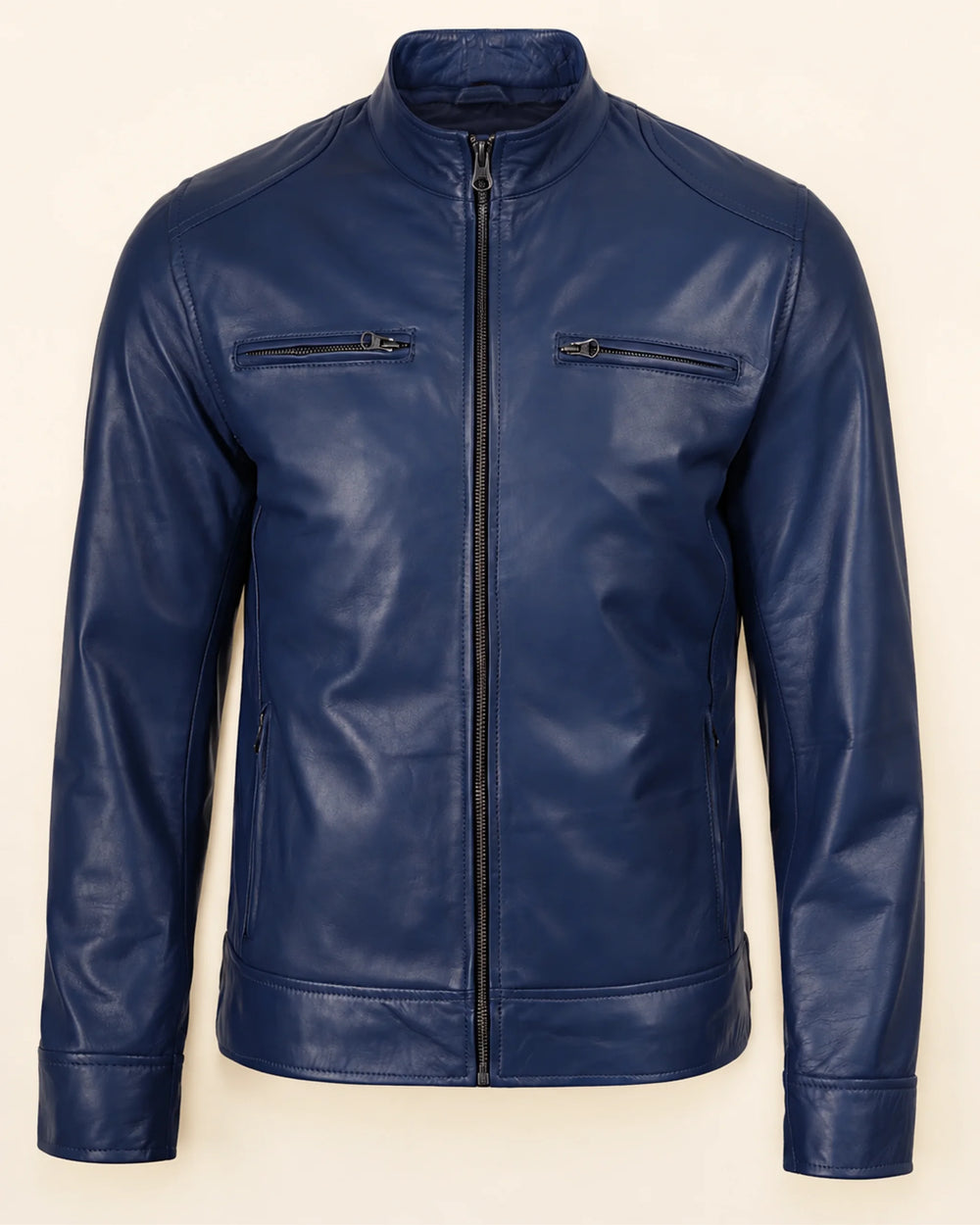 Heritage Men’s Blue Biker Style Leather Jacket with Padded Shoulders