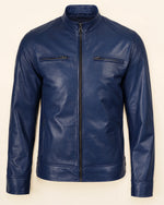 Heritage Men’s Blue Biker Style Leather Jacket with Padded Shoulders