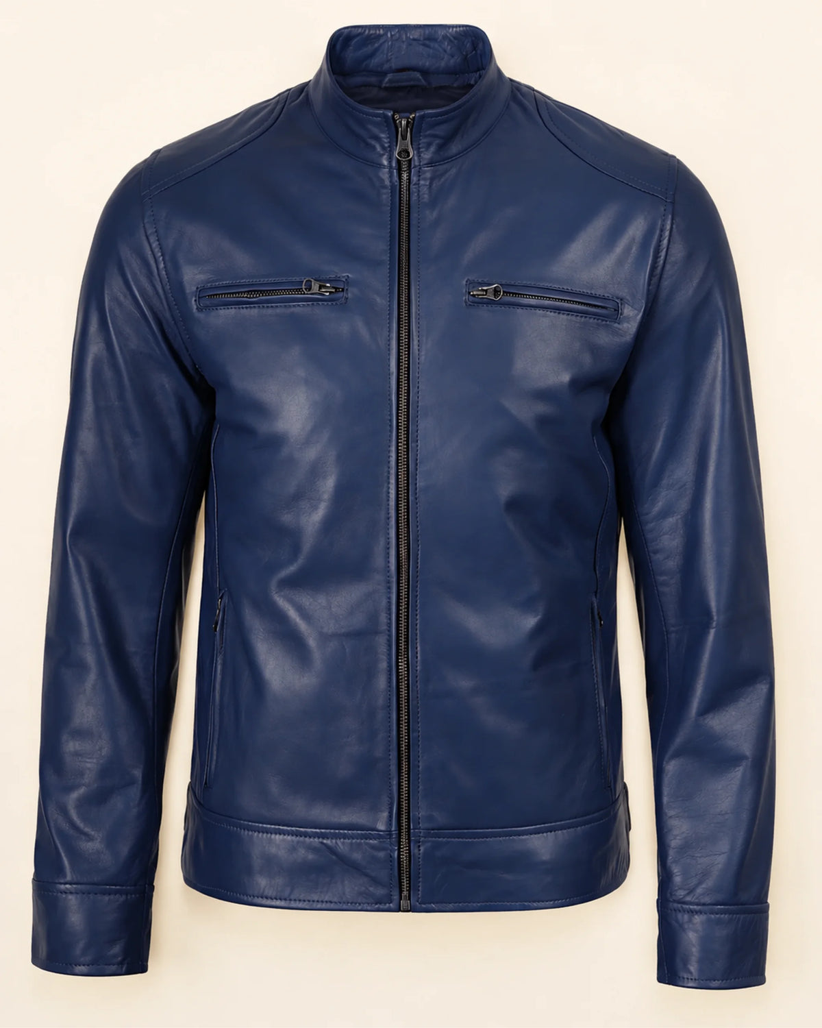 Heritage Men’s Blue Biker Style Leather Jacket with Padded Shoulders