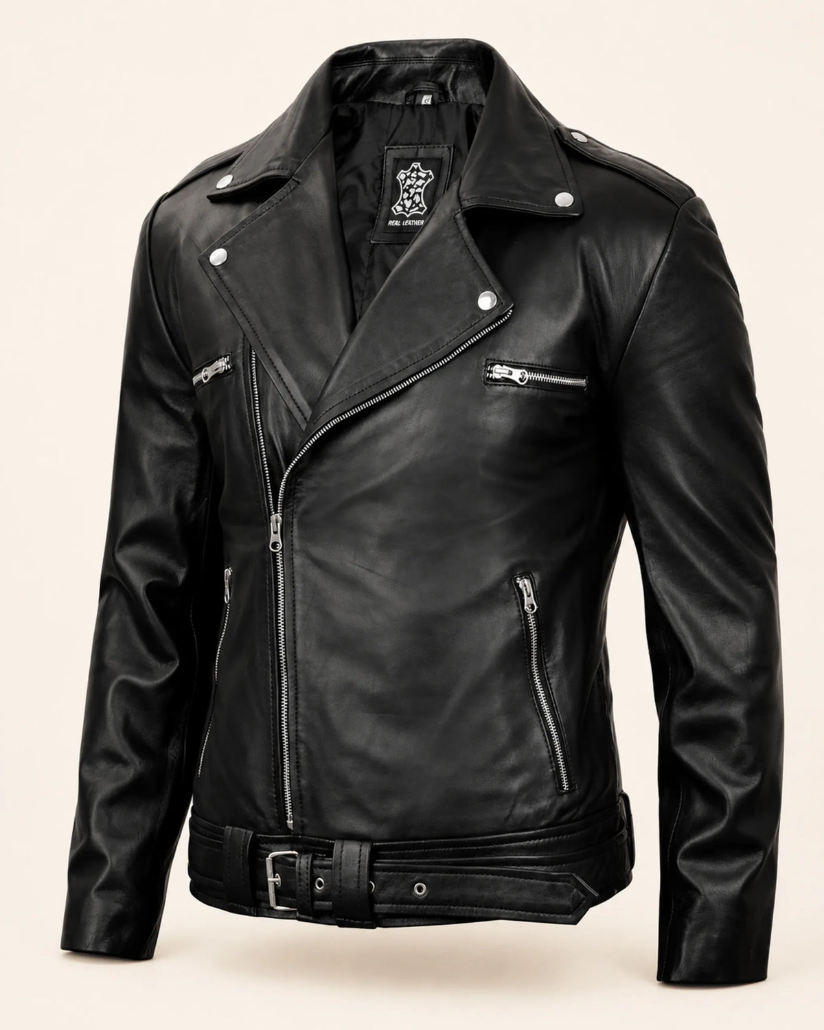 Premium Men's Black Belted Biker Leather Jacket