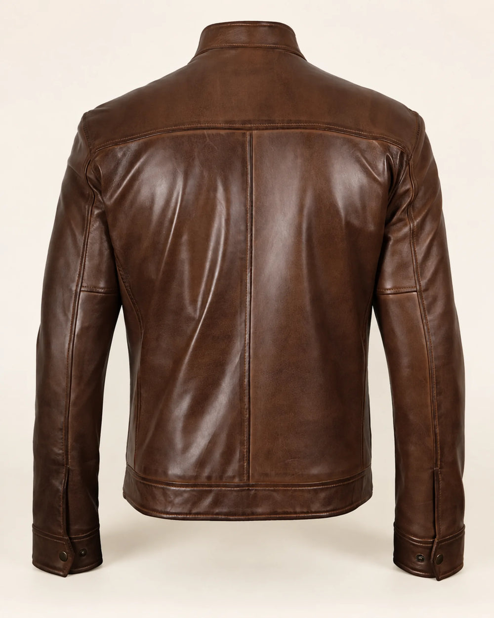 Classic Men's Cognac Real Leather Biker Jacket with Snap-Tab Collar