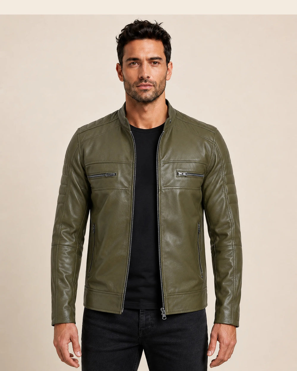 Classic Men’s Olive Green Biker Style Real Leather Jacket