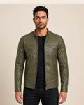Classic Men’s Olive Green Biker Style Real Leather Jacket