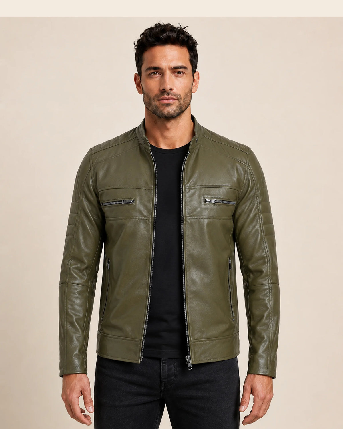 Classic Men’s Olive Green Biker Style Real Leather Jacket