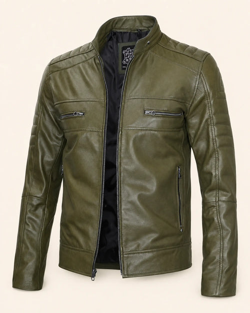 Classic Men’s Olive Green Biker Style Real Leather Jacket