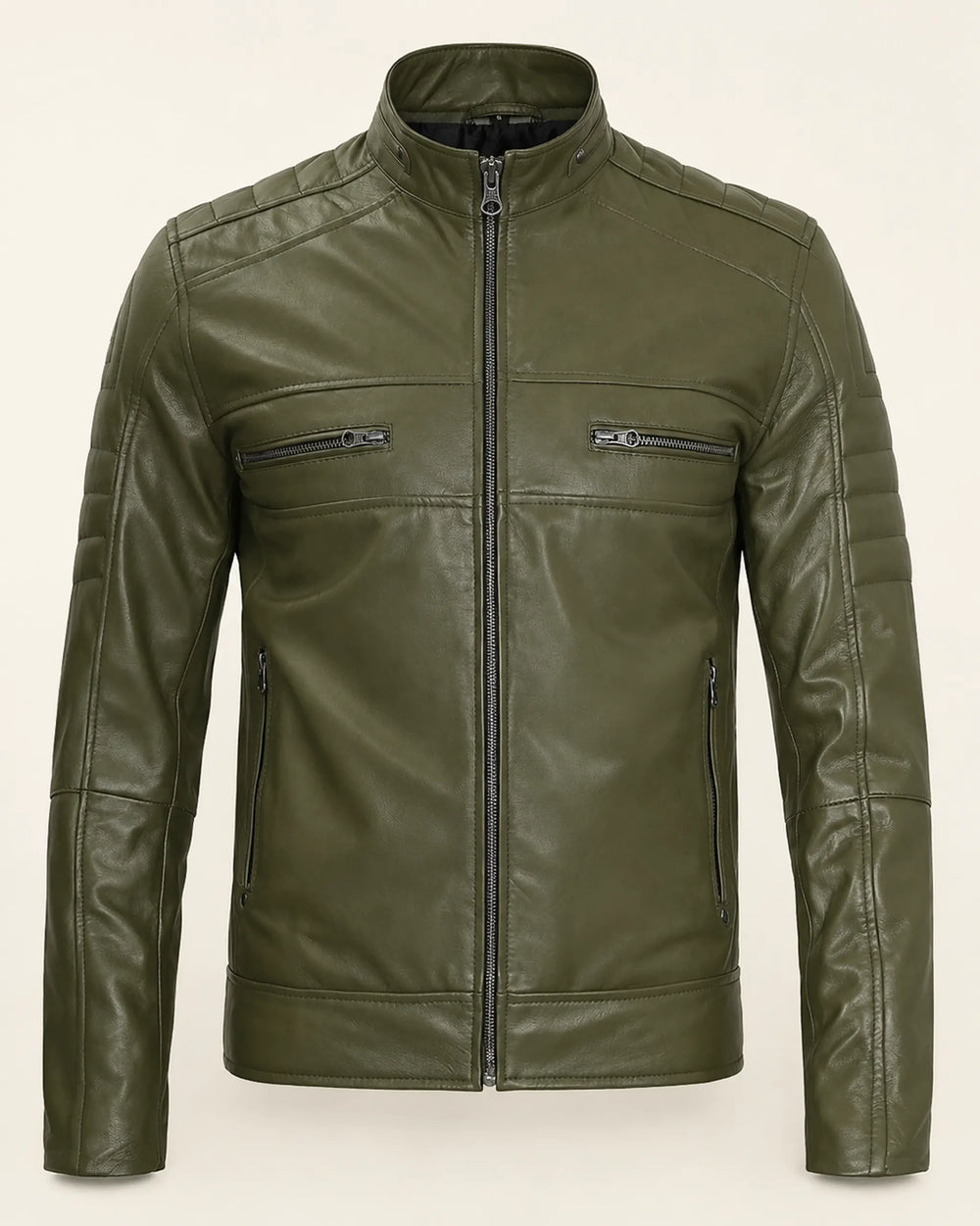 Classic Men’s Olive Green Biker Style Real Leather Jacket