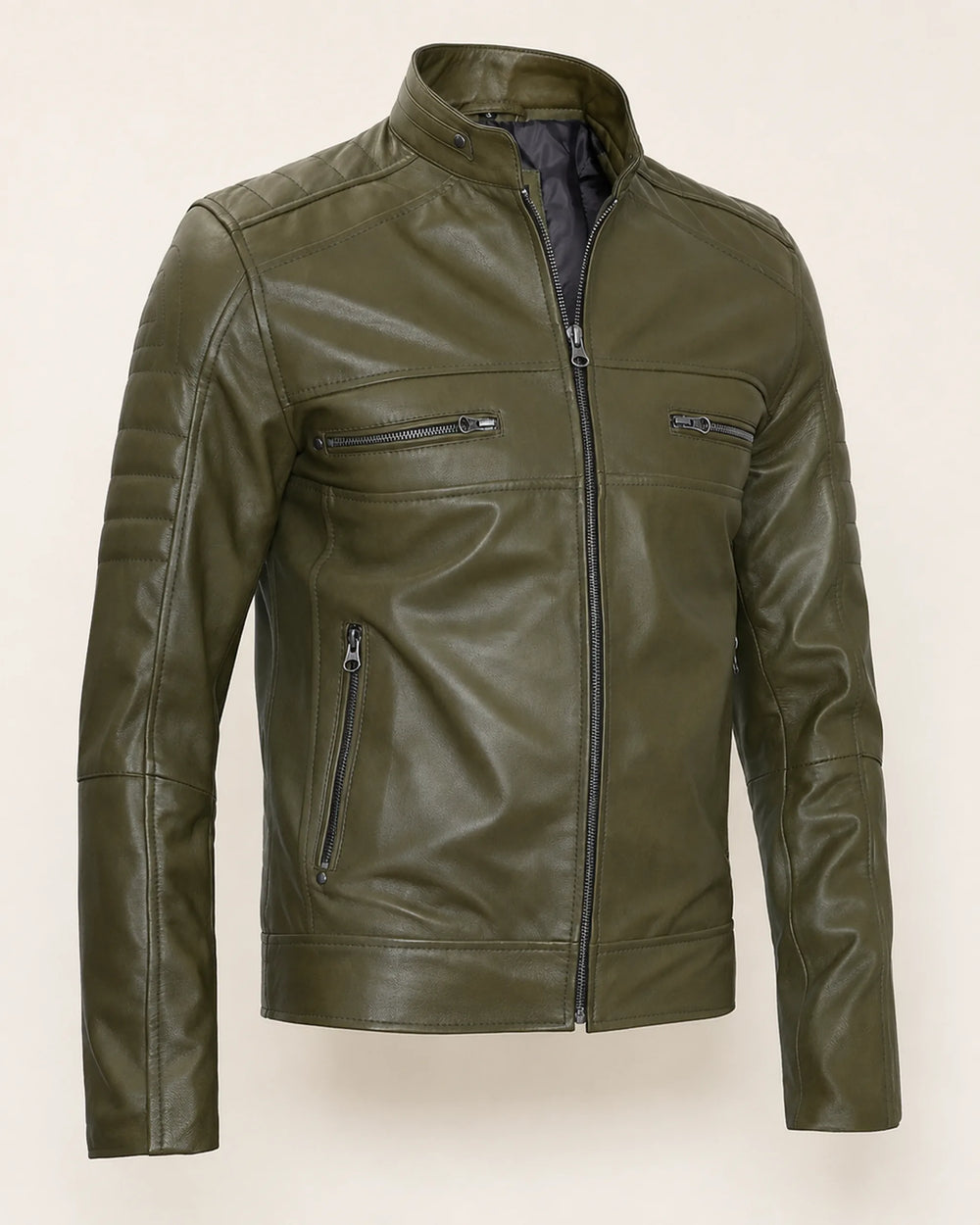Classic Men’s Olive Green Biker Style Real Leather Jacket