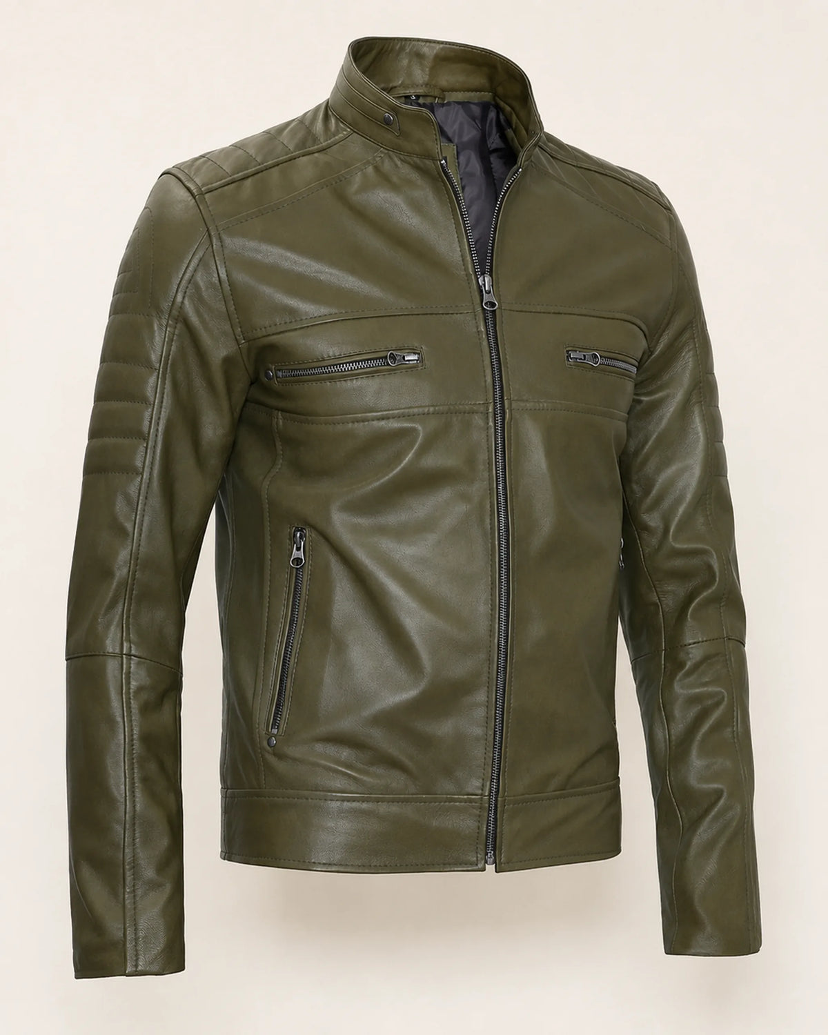 Classic Men’s Olive Green Biker Style Real Leather Jacket