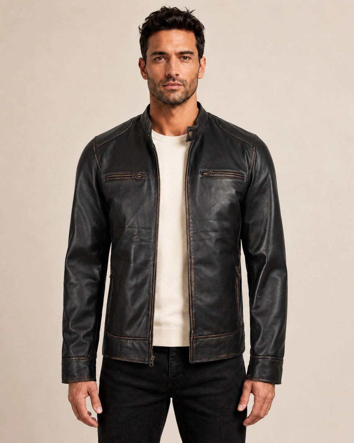 Heritage Men’s Distressed Brown Biker-Style Leather Jacket