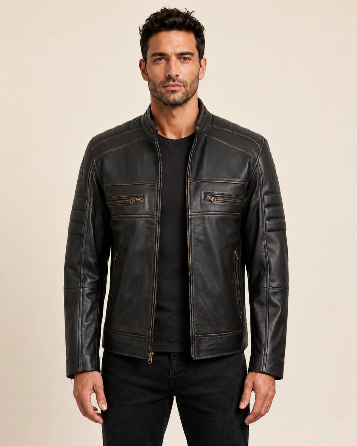 Classic Men's Distressed Brown Real Leather Biker-Style Jacket