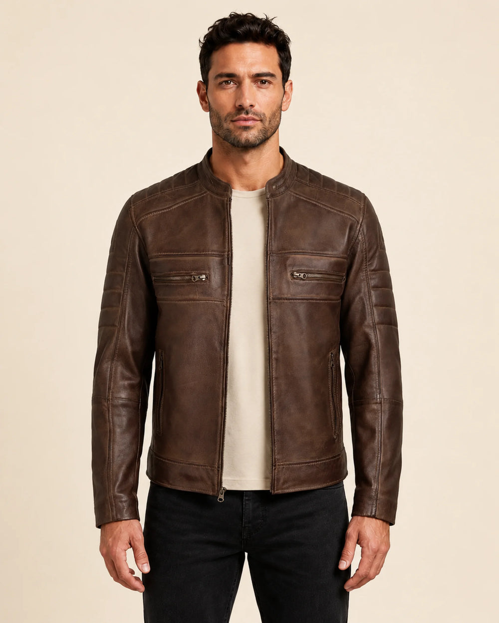 Elite Men’s Coffee Brown Waxed Leather Biker Jacket