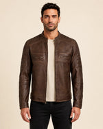 Elite Men’s Coffee Brown Waxed Leather Biker Jacket