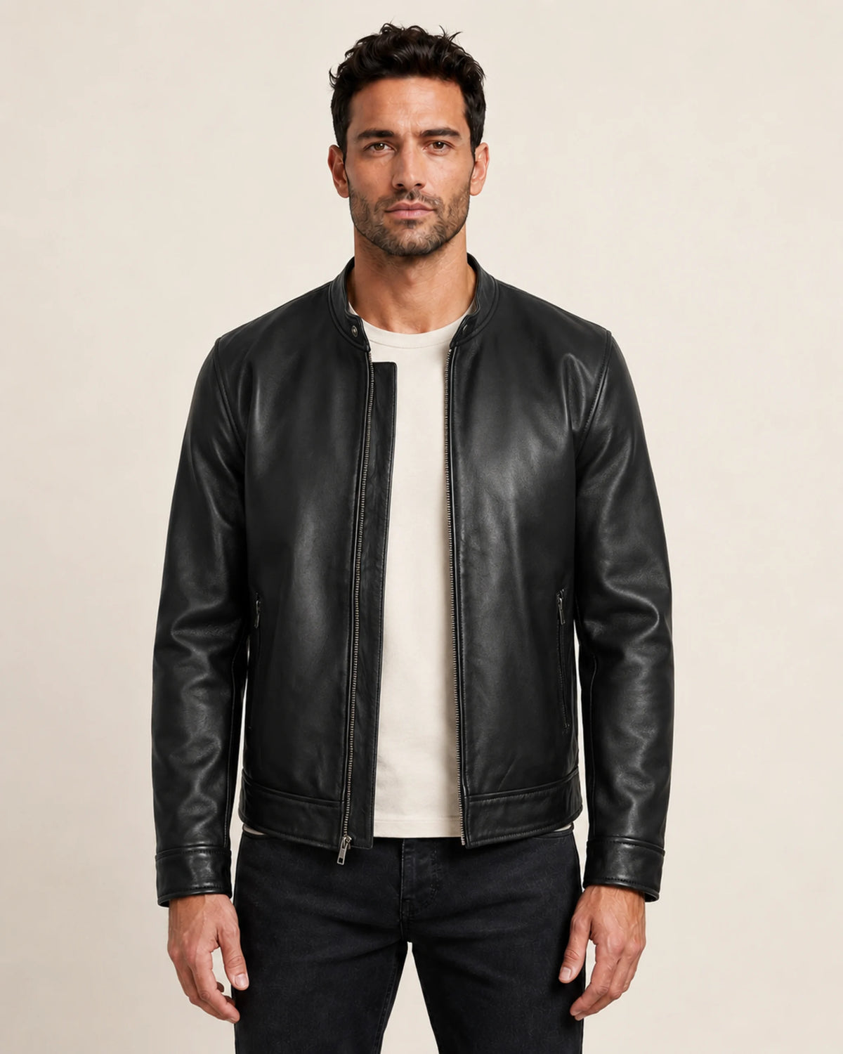Premium Men's Black Biker Leather Jacket with Café Racer Collar