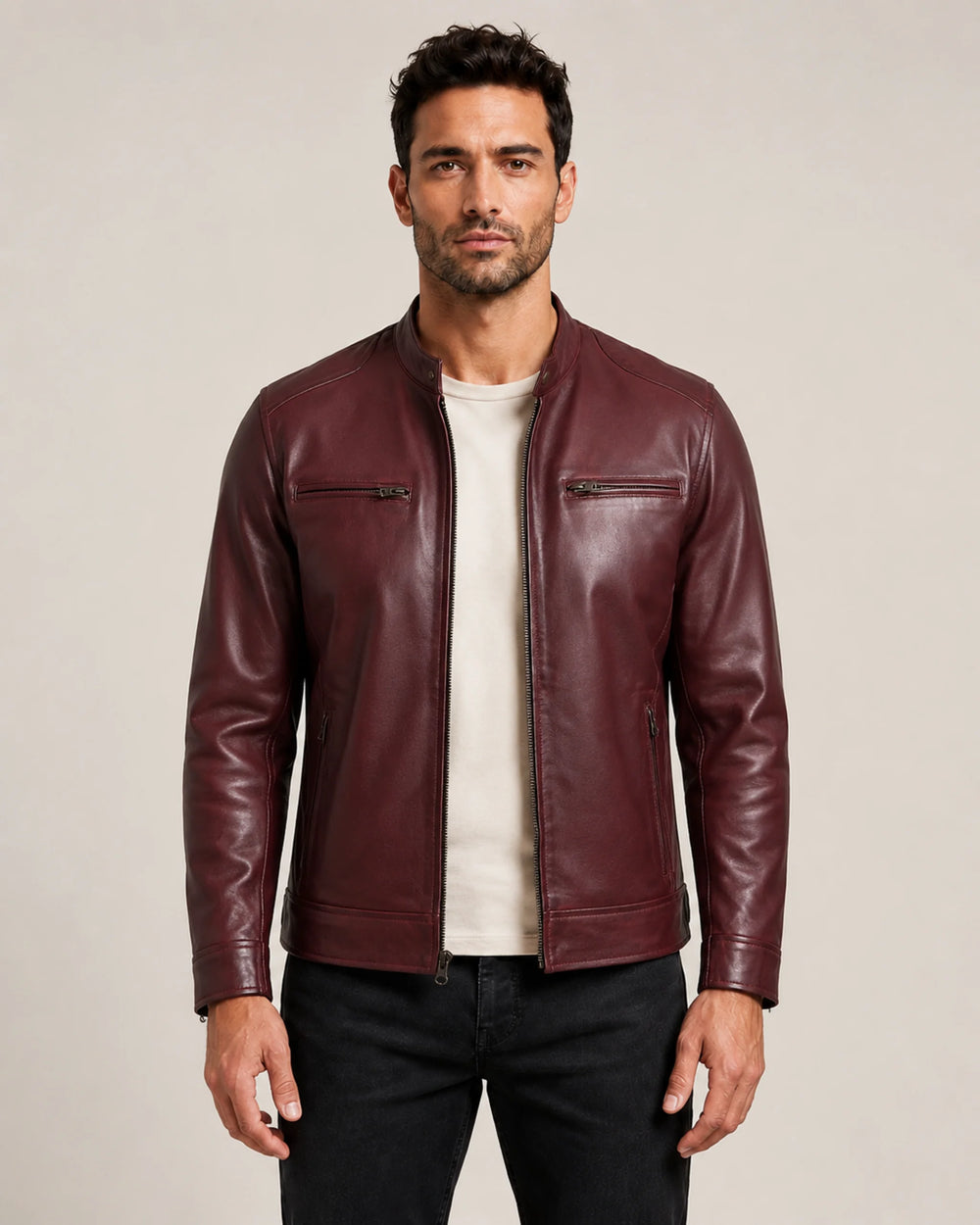 Luxury Men's Burgundy Biker-Style Leather Jacket