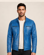 Elite Men's Distressed Blue Leather Biker Jacket with Zip Cuffs