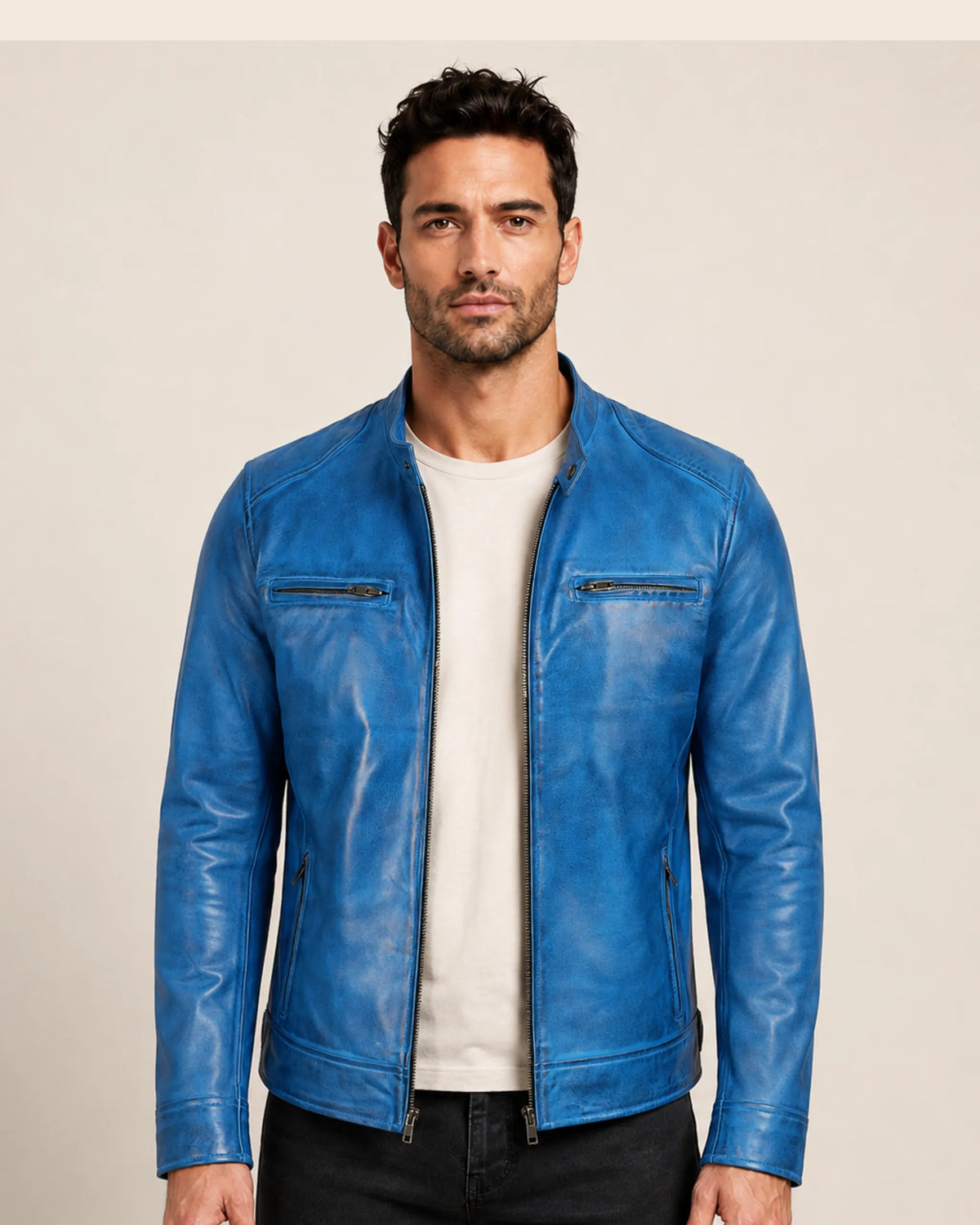 Elite Men's Distressed Blue Leather Biker Jacket with Zip Cuffs