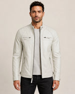 Refined Men's Off-White Quilted-Shoulder Biker Leather Jacket