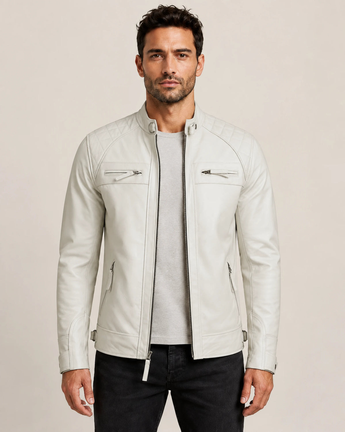 Refined Men's Off-White Quilted-Shoulder Biker Leather Jacket