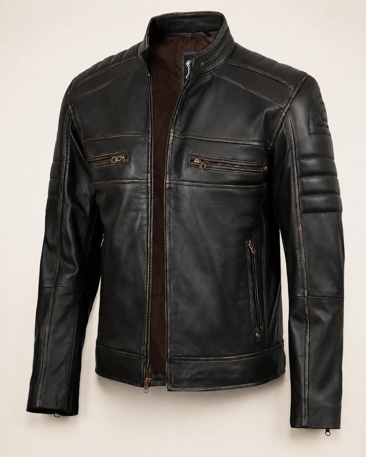 Classic Men's Distressed Brown Real Leather Biker-Style Jacket