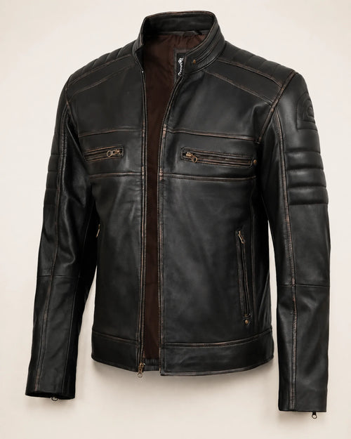 Classic Men's Distressed Brown Real Leather Biker-Style Jacket