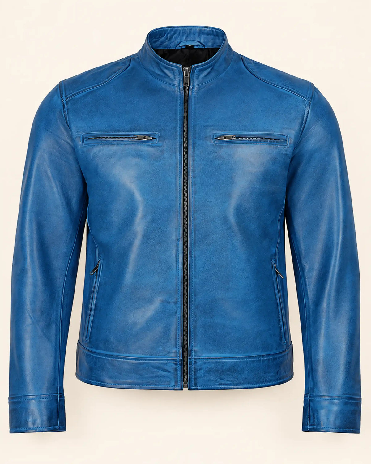 Elite Men's Distressed Blue Leather Biker Jacket with Zip Cuffs