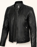 Premium Men's Black Leather Biker Jacket with Upright Collar